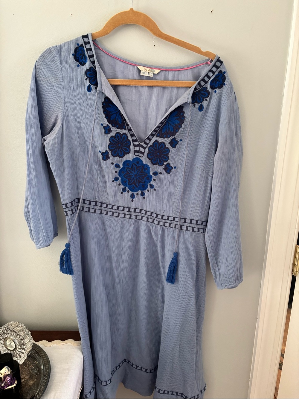 Boden Light Blue Embroidered V-Neck Midi Dress